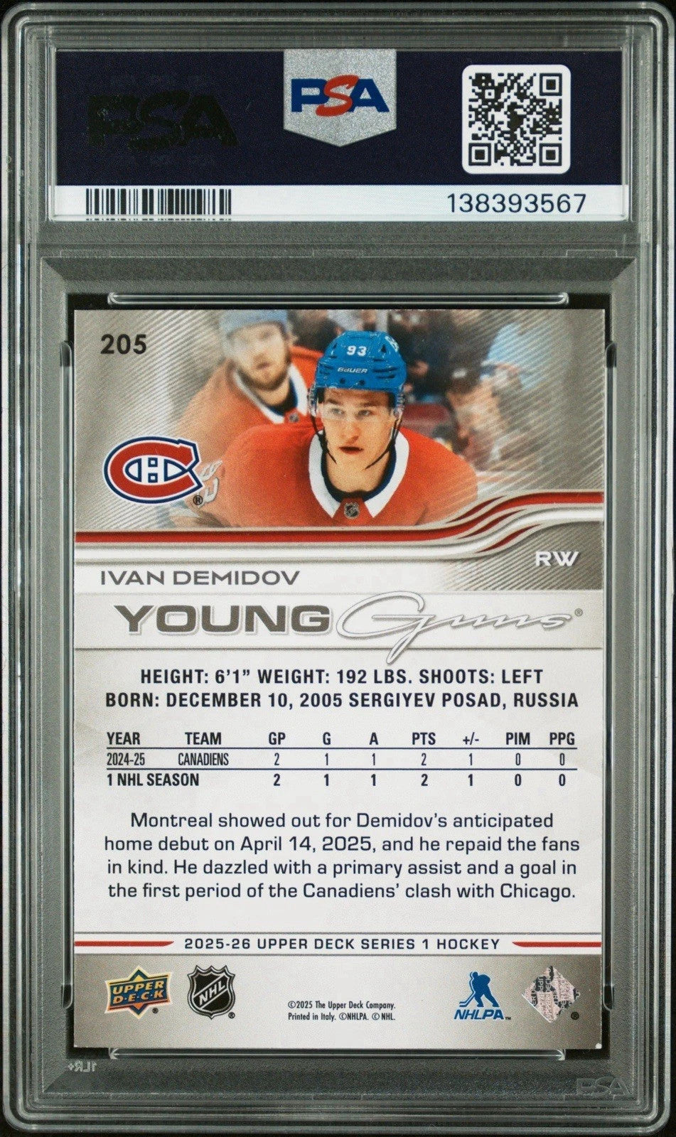 Ivan Demidov Signed 2025-26 UD Young Guns PSA/DNA Rookie Auto Card RC Rare