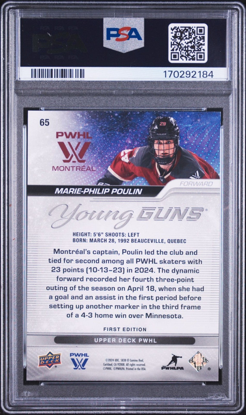 Marie-Philip Poulin Signed 2024 UD PWHL Young Guns Outburst PSA Auto 10 #65