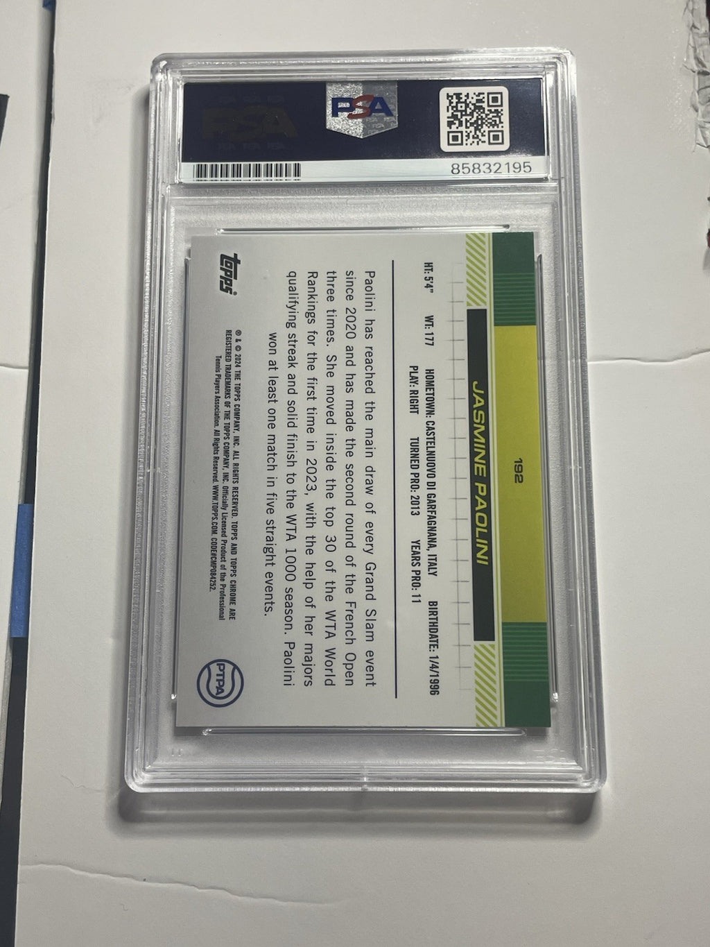 Jasmine Paolini Signed 2024 Topps Chrome PSA/DNA #192 RC