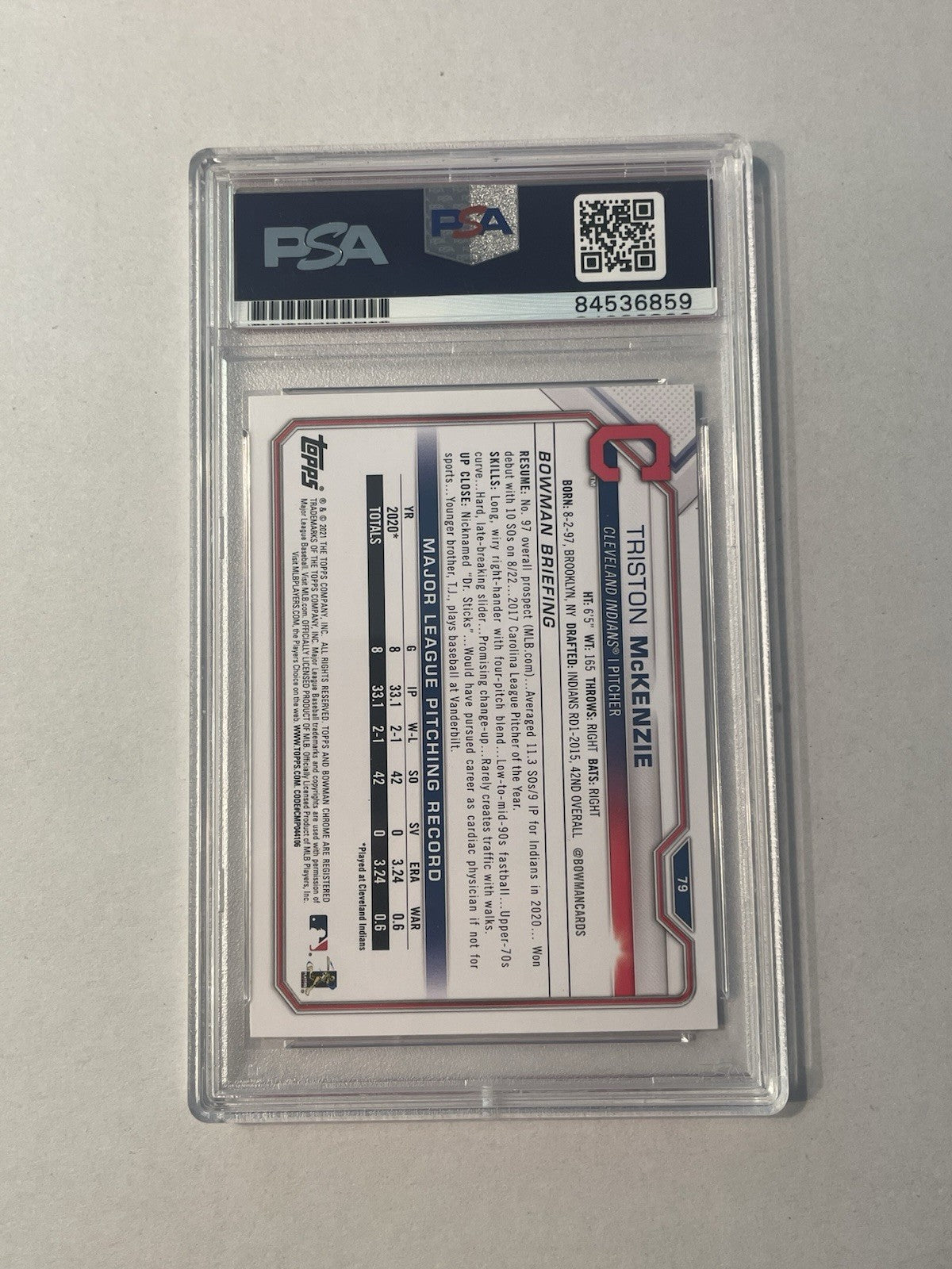 Triston McKenzie Signed 2021 Bowman RC PSA/DNA Encapsulated Indians Autographed