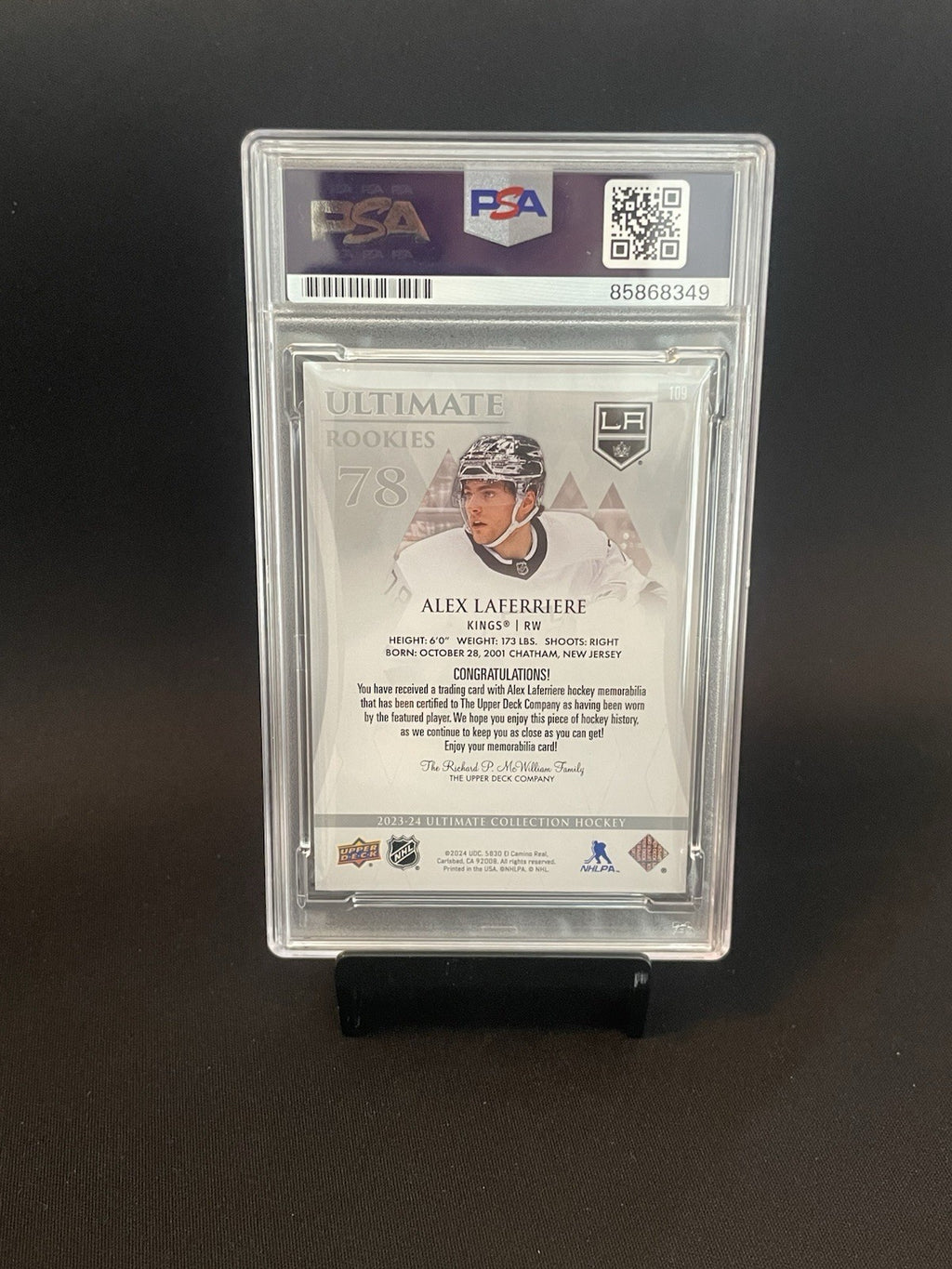 Alex Laferriere Signed 2023 UD Ultimate Rookies Jersey PSA Patch Auto 10 RC /599