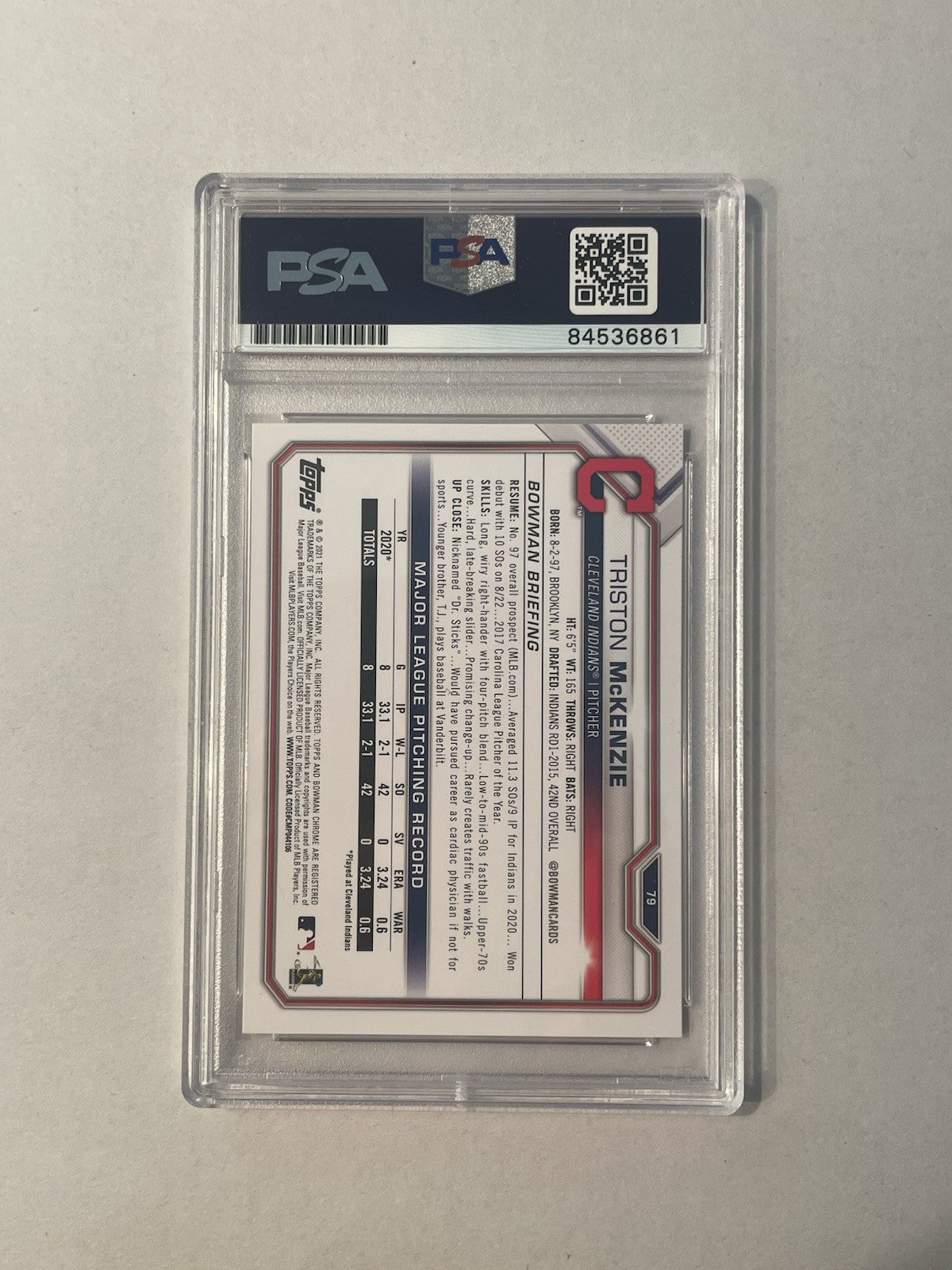Triston McKenzie Signed 2021 Bowman RC PSA/DNA Encapsulated Indians Autographed