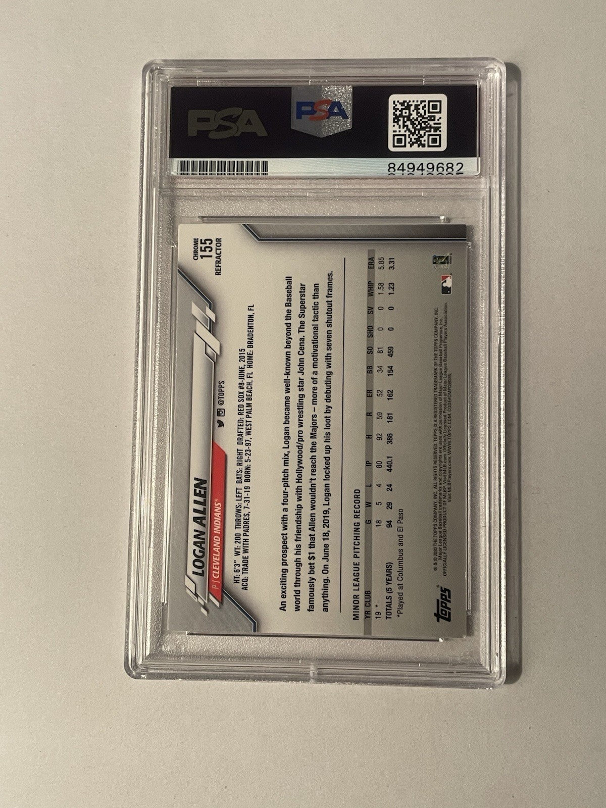 Logan Allen Signed 2020 Topps Chrome Refractor RC PSA/DNA Auto 10 Autographed