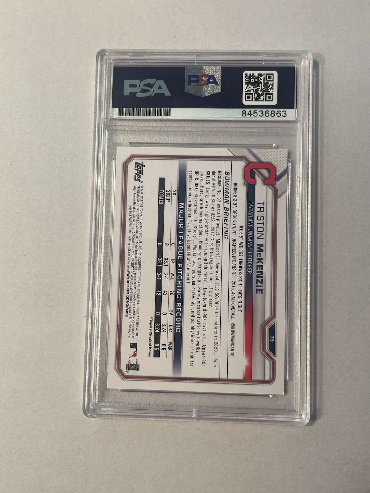 Triston McKenzie Signed 2021 Bowman RC PSA/DNA Encapsulated Indians Autographed