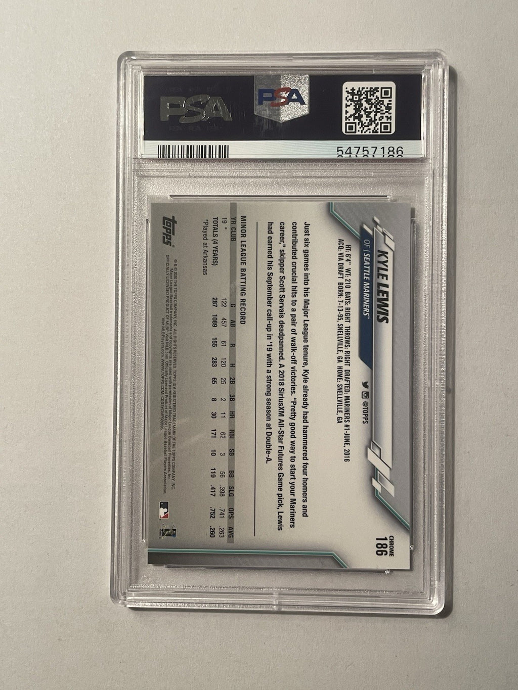 2020 Topps Chrome Kyle Lewis ROOKIE #186 PSA 10 GEM MINT