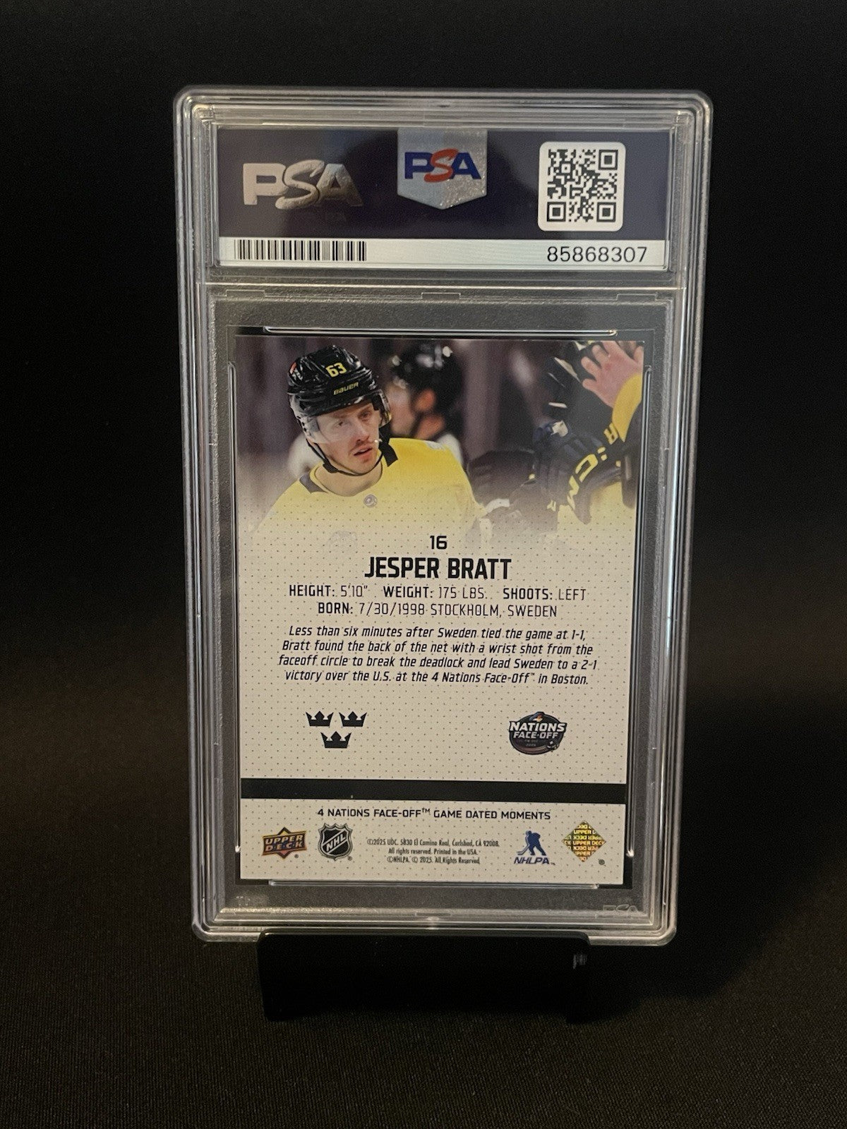 Jesper Bratt Signed 2025 UD Game Dated Moments PSA Auto 10 4 Nations #16 Sweden