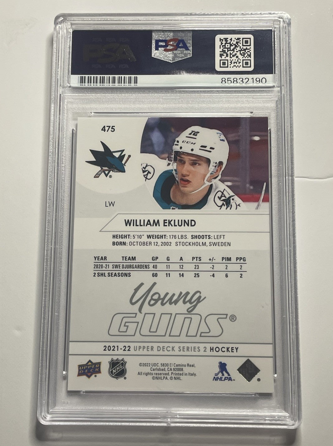 William Eklund Signed 2021 UD Young Guns PSA/DNA Rookie RC #475 Autographed