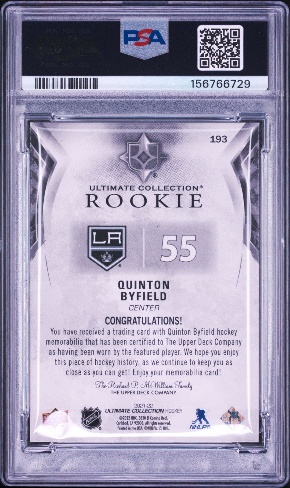 Quinton Byfield Signed 2021 UD Ultimate Collection PSA Patch Auto Rookie RC RPA