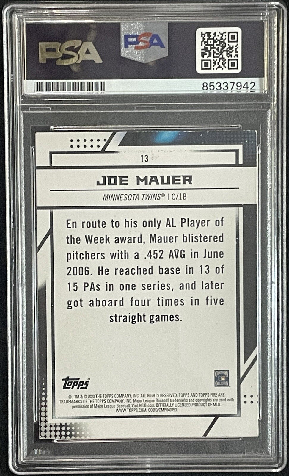 Joe Mauer Signed 2020 Topps Fire Card #13 PSA/DNA Autographed HOF Twins