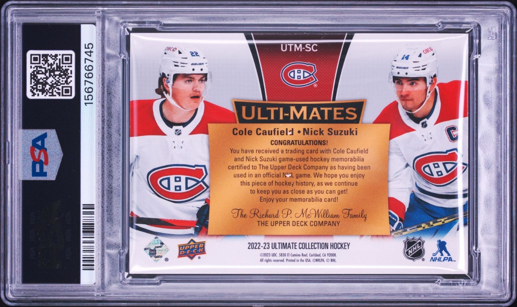 Cole Caufield Nick Suzuki Signed 2022 UD Ulti-Mates PSA/DNA Patch Auto #SC