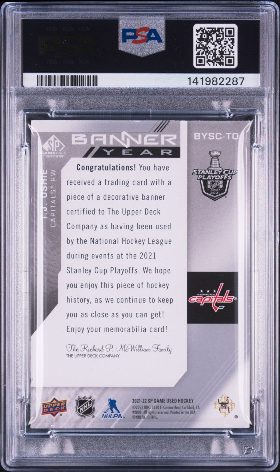T.J. Oshie Signed 2021 SP Game Used PSA/DNA Auto 10 #BYSCTO Banner Year Patch