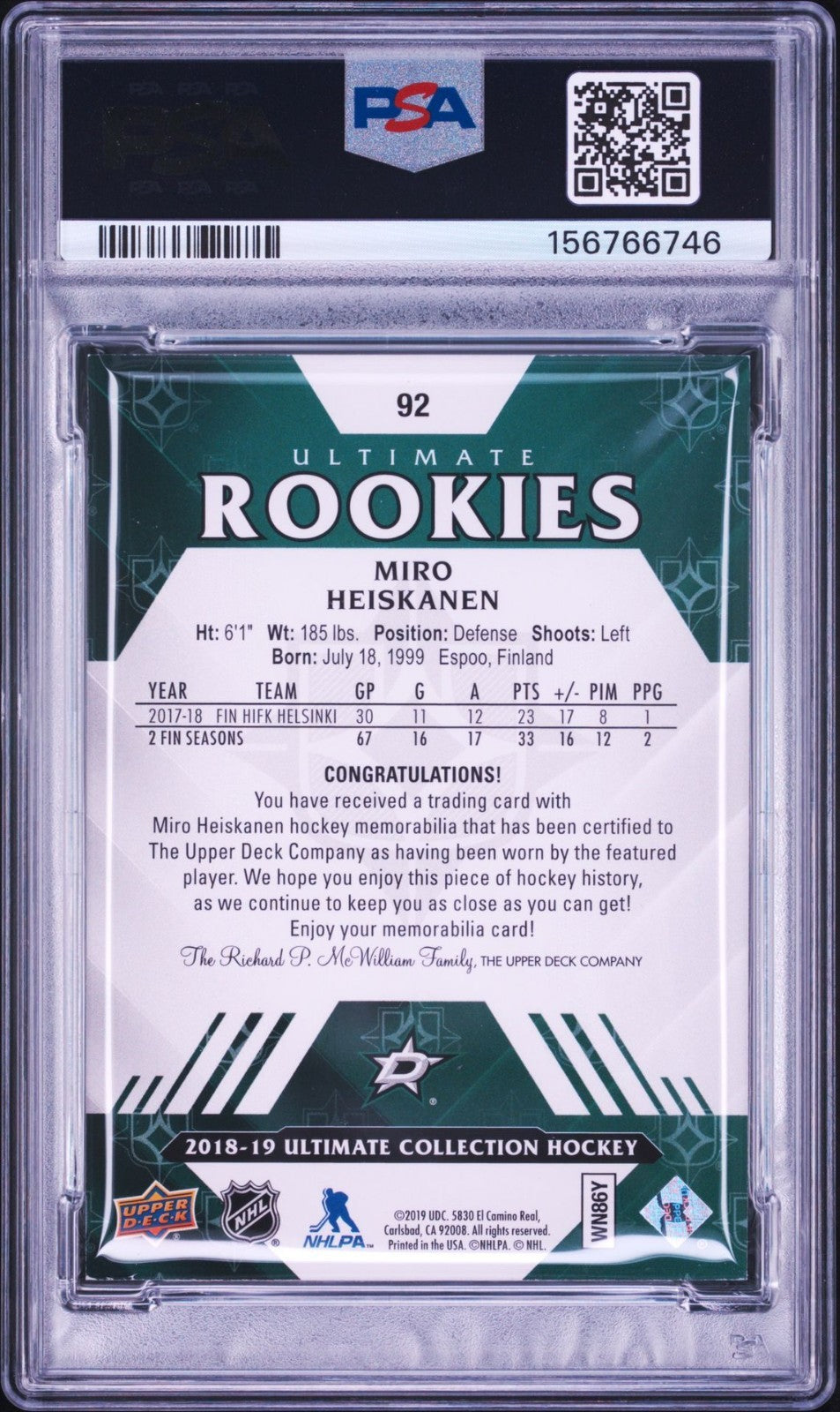 Miro Heiskanen Signed 2018 UD Ultimate Collection PSA Patch Auto Rookie RPA #92