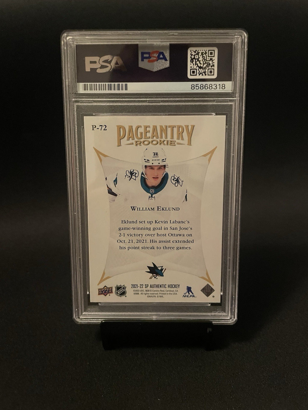William Eklund Signed 2021 SP Authentic Pageantry Rookie PSA #P-72 Autographed