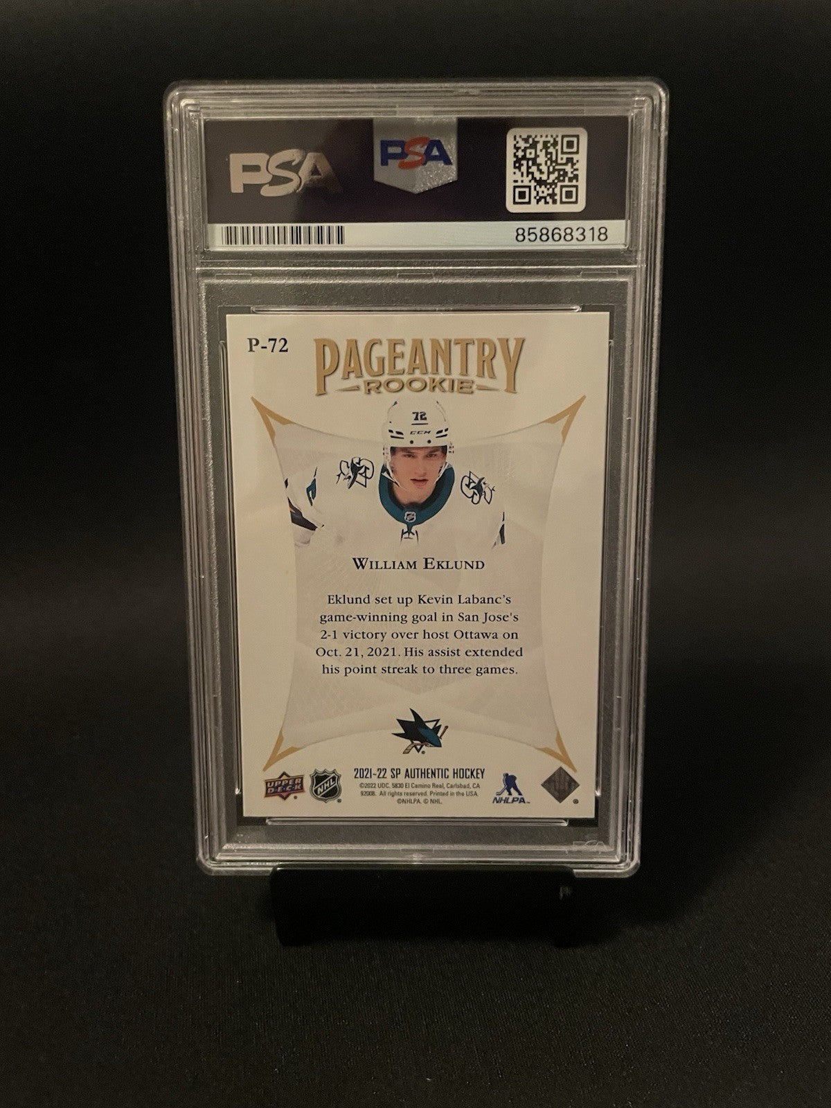William Eklund Signed 2021 SP Authentic Pageantry Rookie PSA #P-72 Autographed