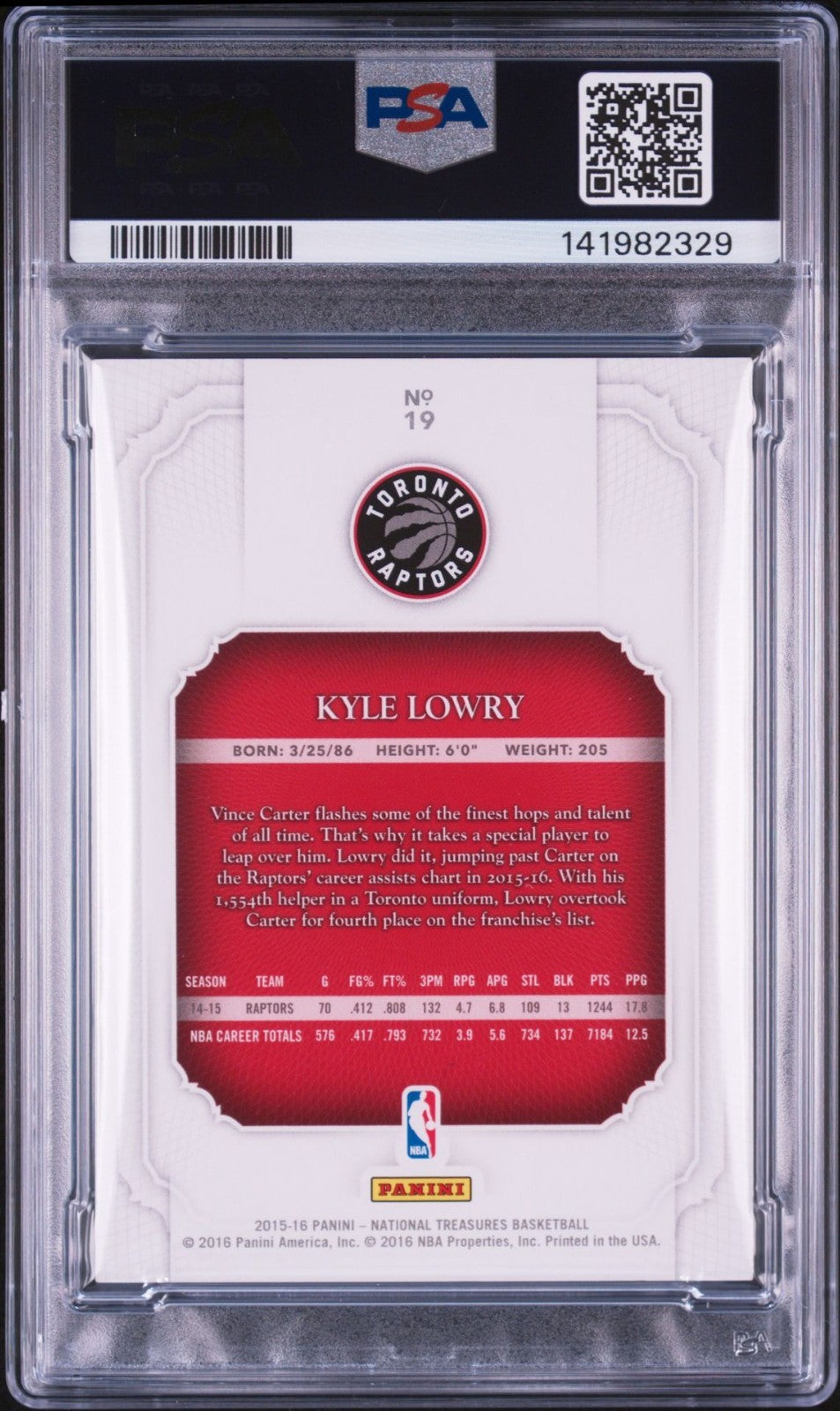 Kyle Lowry Signed 2015 Panini National Treasures PSA Auto 10 #19