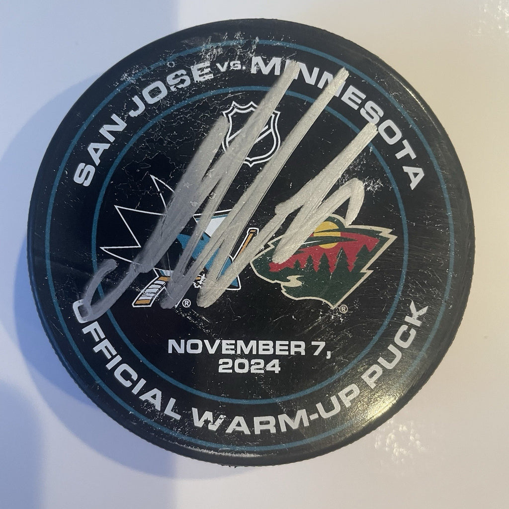 Macklin Celebrini Signed 11/7/24 Warm-Up Puck JSA First Multi Goal Game