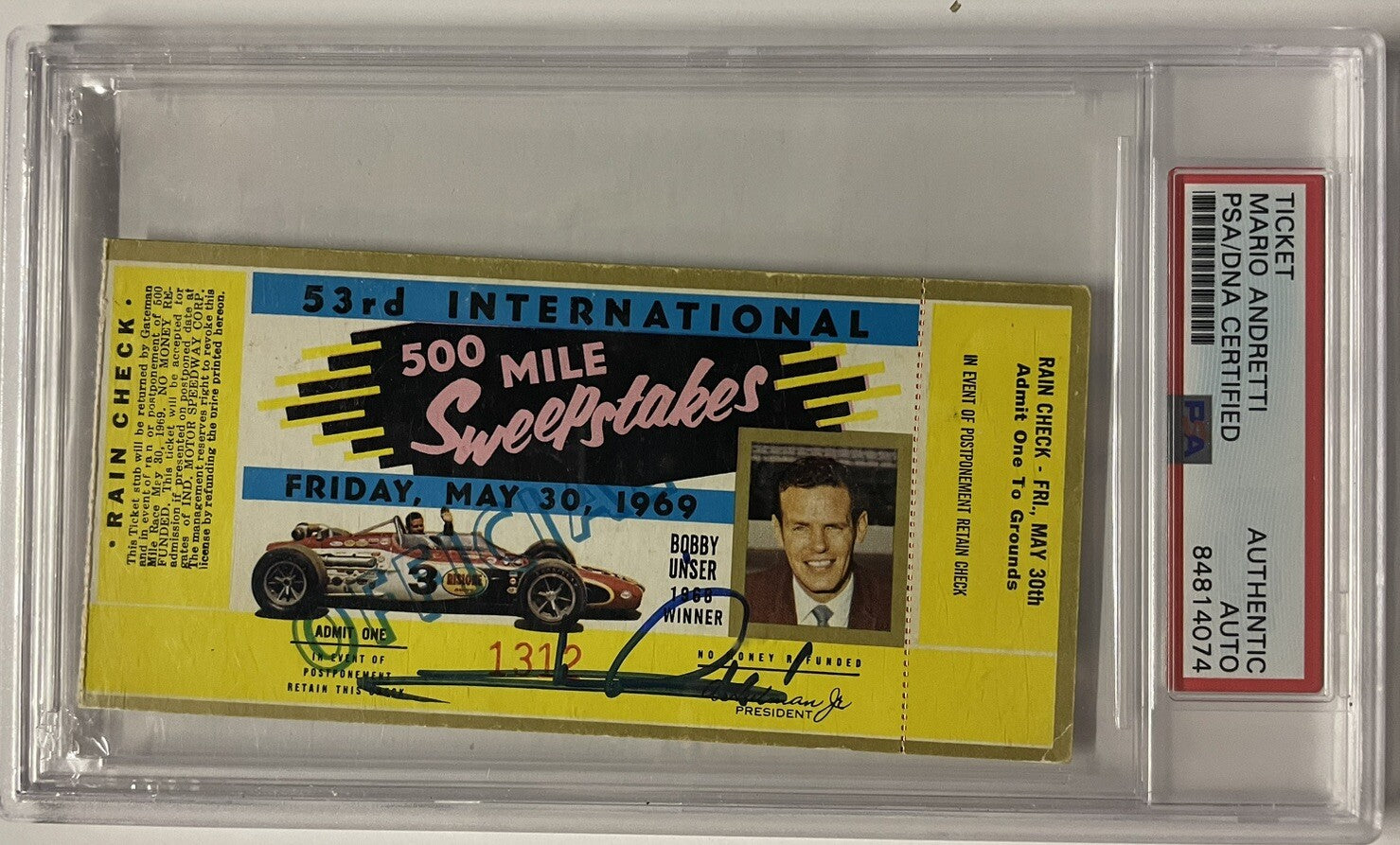 Mario Andretti Signed 1969 Indy 500 Ticket PSA/DNA Autographed Winner Legend
