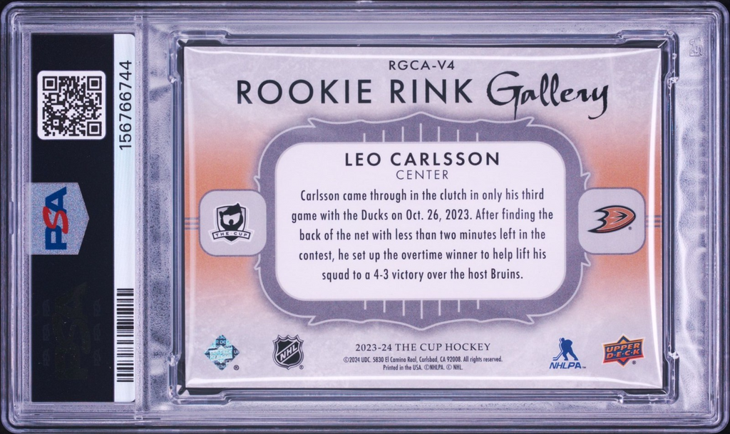 Leo Carlsson Signed 2023 UD The Cup Rookie Rink Gallery PSA/DNA Auto #RGCAV4 /99