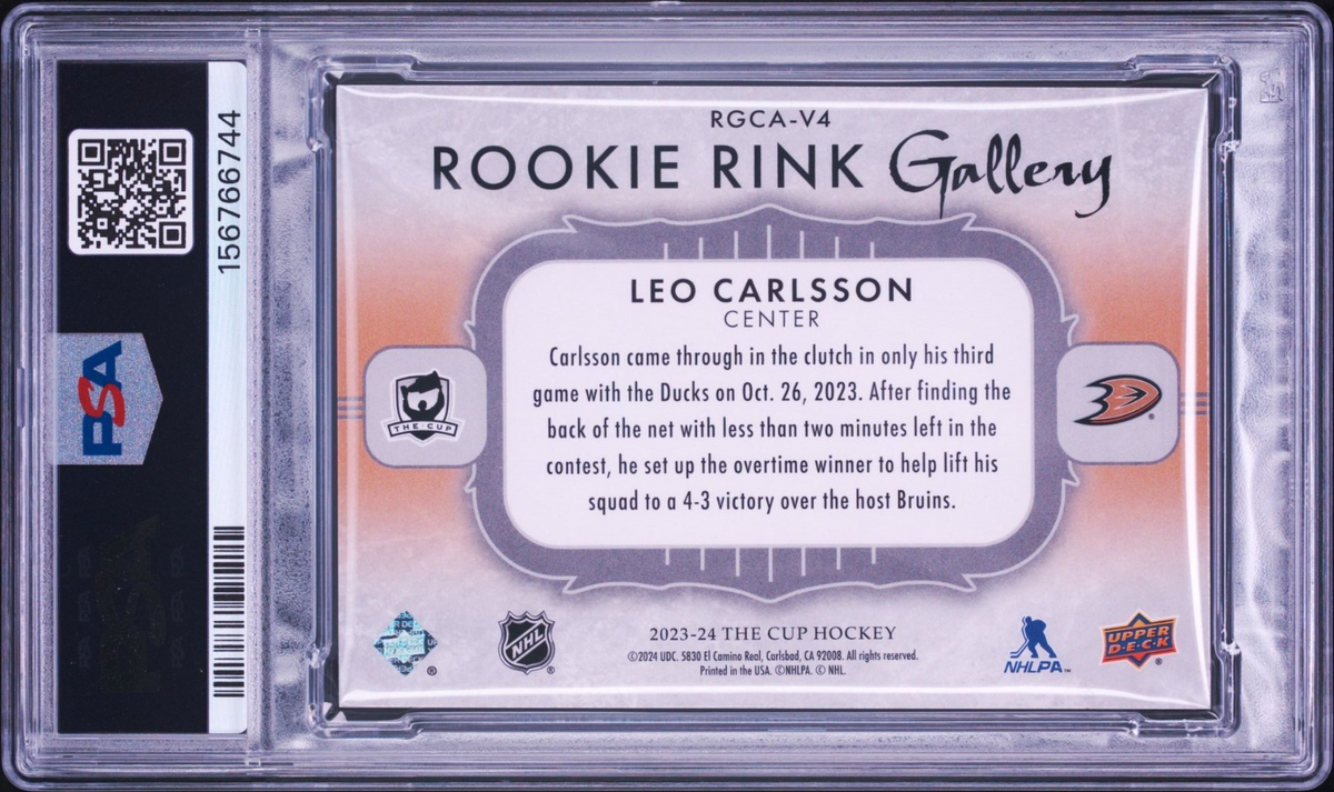Leo Carlsson Signed 2023 UD The Cup Rookie Rink Gallery PSA/DNA Auto #RGCAV4 /99