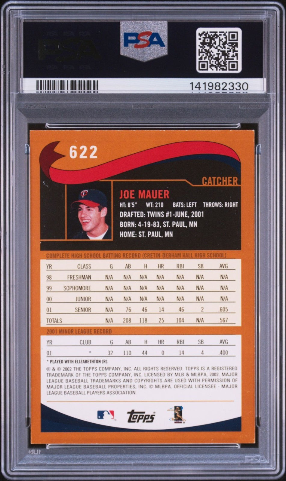 Joe Mauer Signed 2002 Topps Rookie RC PSA/DNA Auto 10 #622 Minnesota Twins