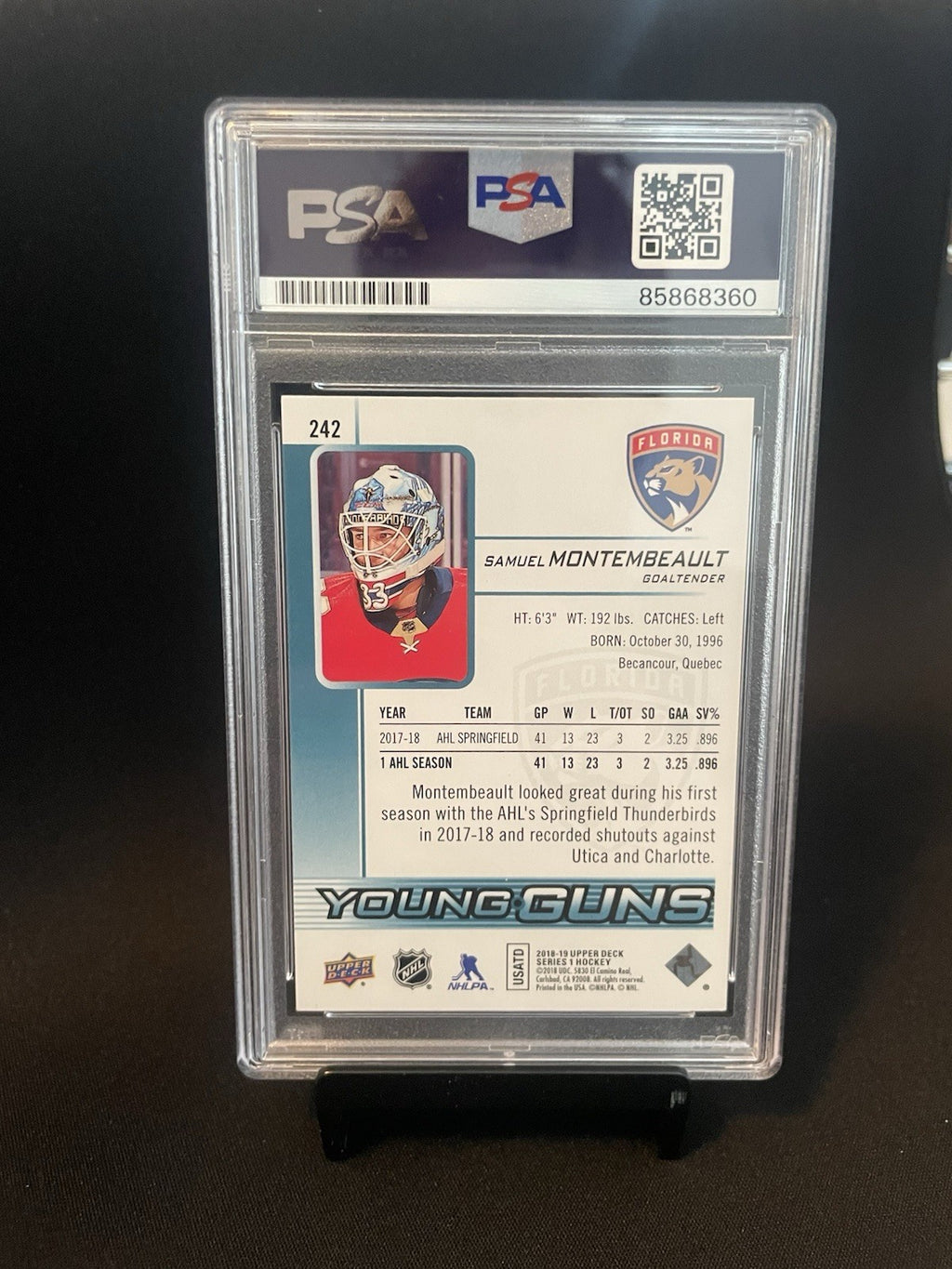 Samuel Montembeault Signed 2018 UD Young Guns PSA #242 Autographed Card