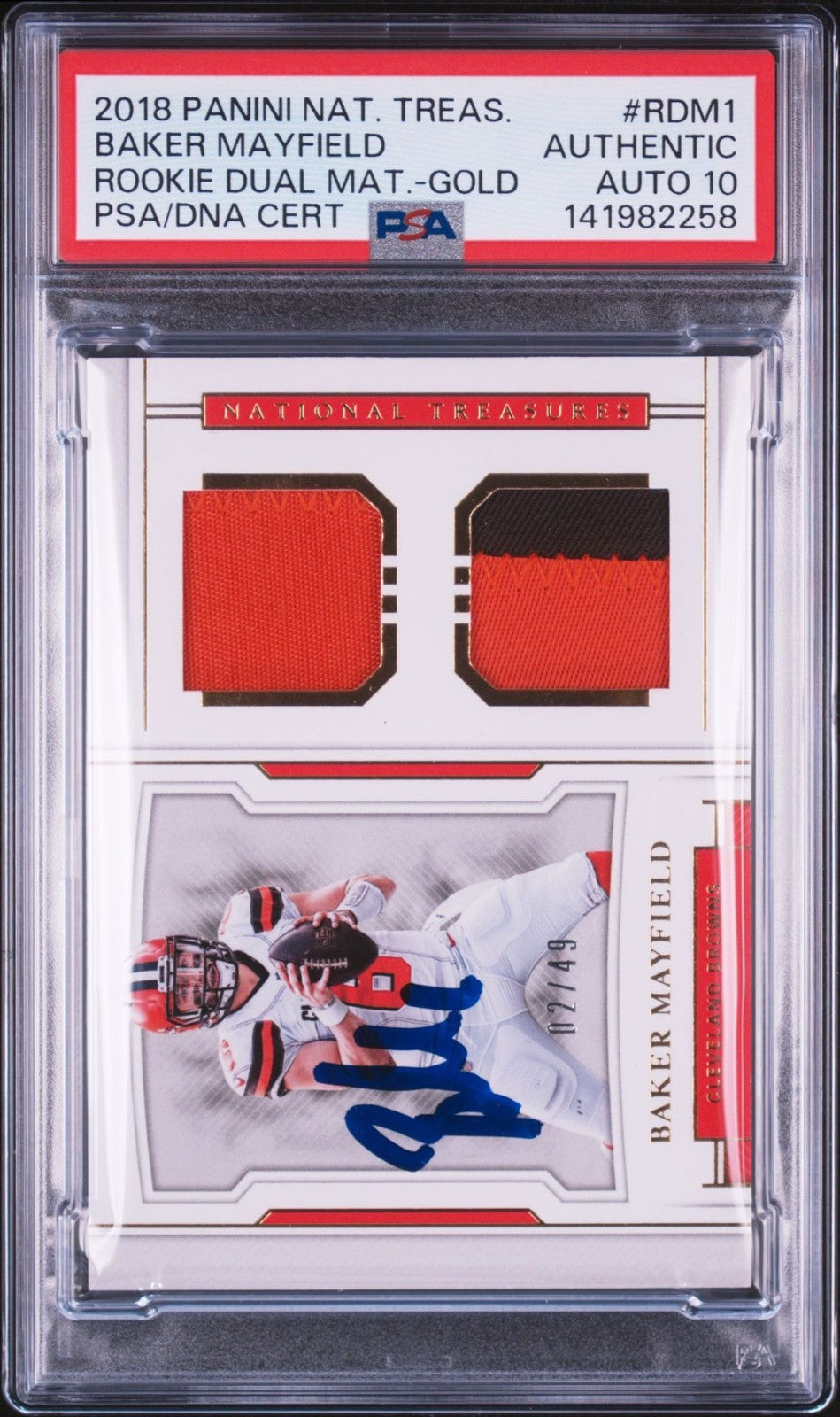 Baker Mayfield Signed 2018 National Treasures Rookie Dual Materials PSA Auto 10