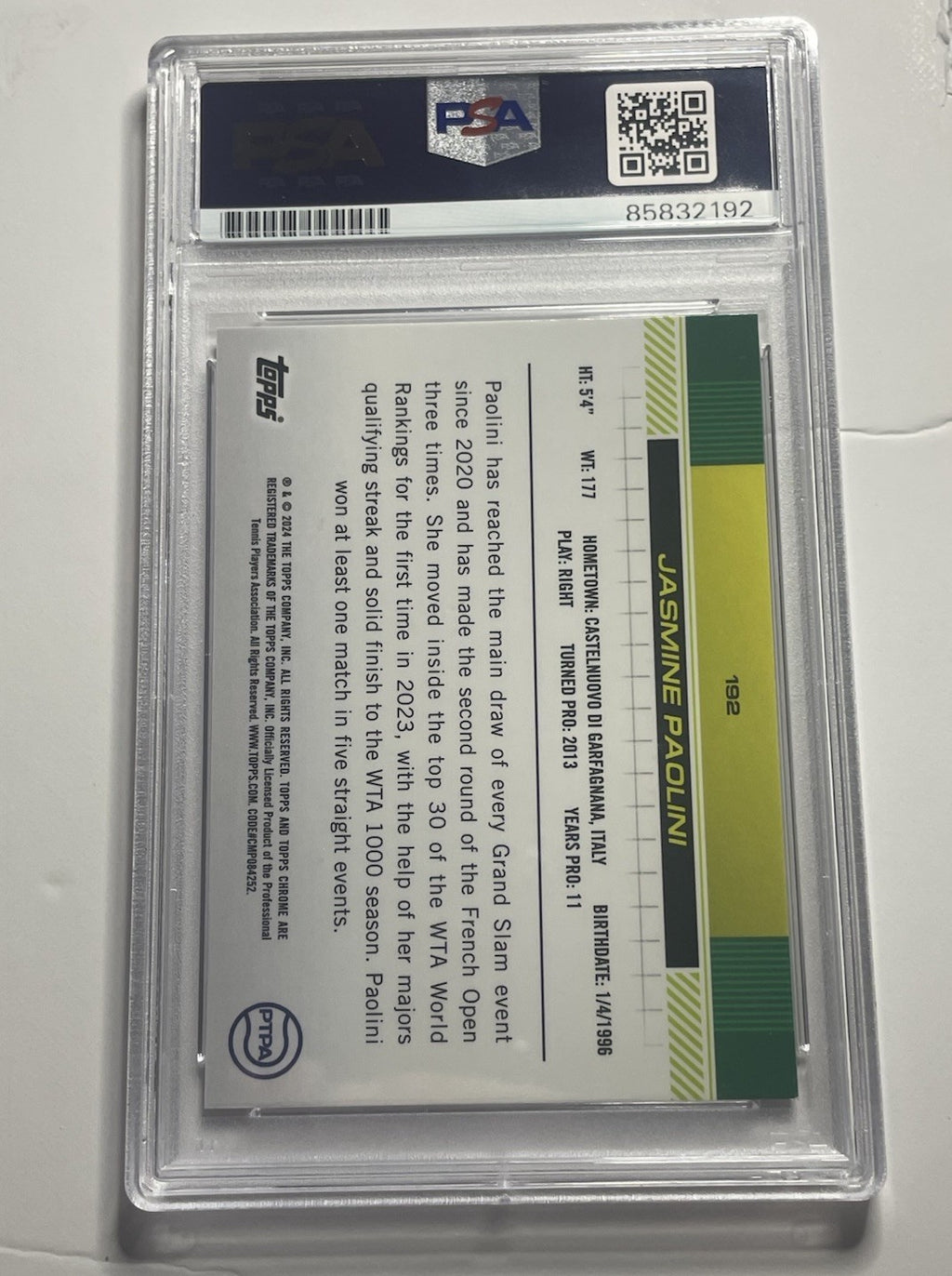 Jasmine Paolini Signed 2024 Topps Chrome Negative Refractor PSA/DNA #192 RC