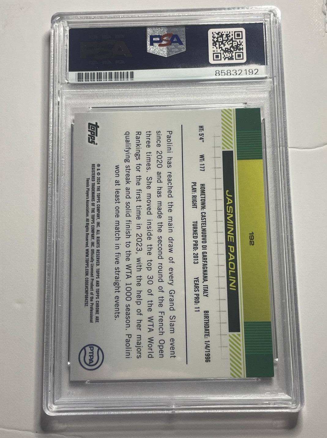Jasmine Paolini Signed 2024 Topps Chrome Negative Refractor PSA/DNA #192 RC