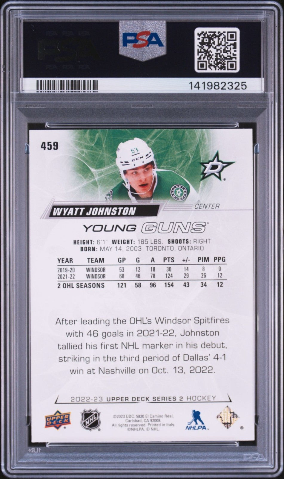 Wyatt Johnston Signed 2022 UD Young Guns PSA/DNA Rookie Auto 10 #459 Stars
