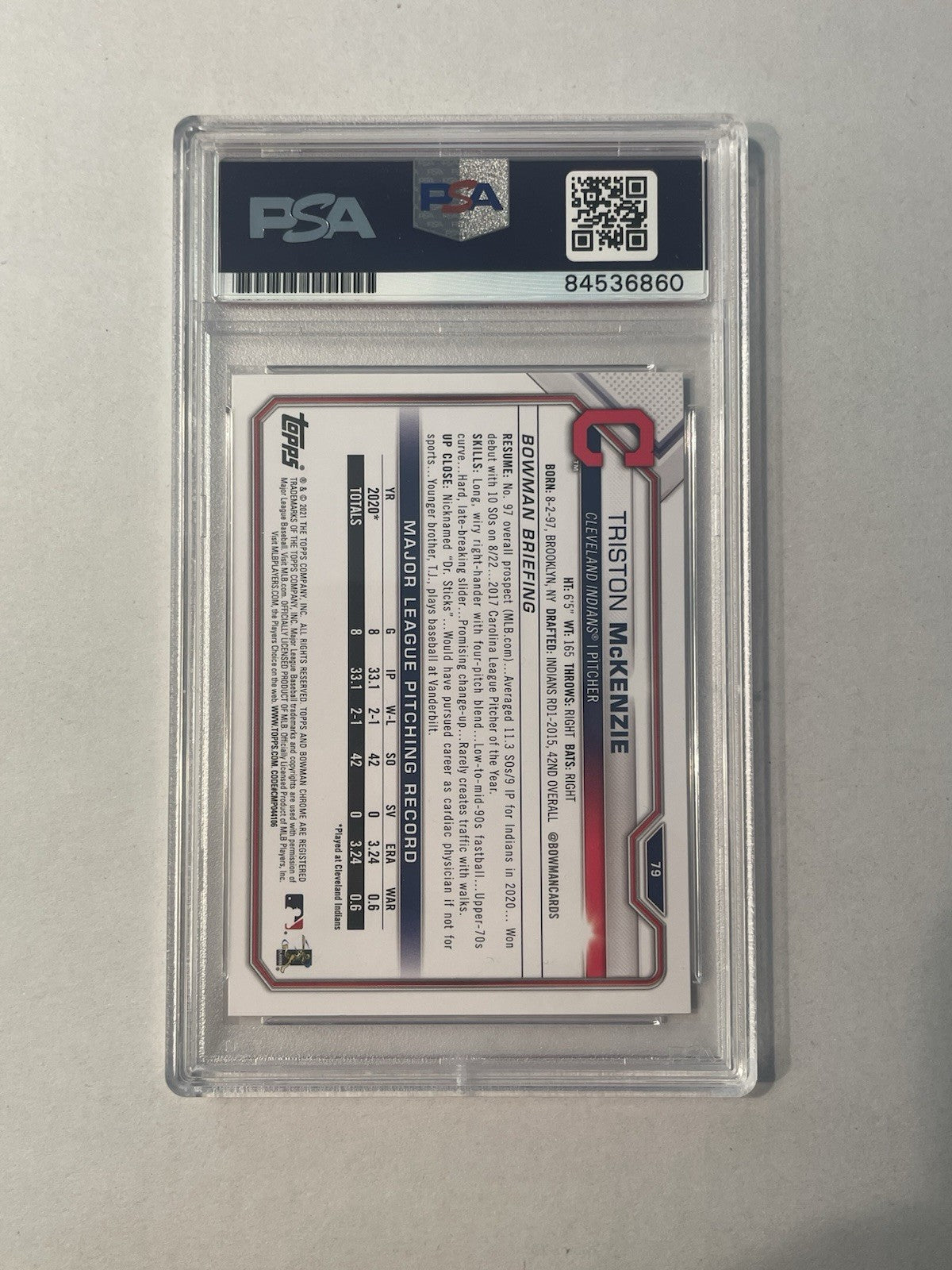 Triston McKenzie Signed 2021 Bowman RC PSA/DNA Encapsulated Indians Autographed