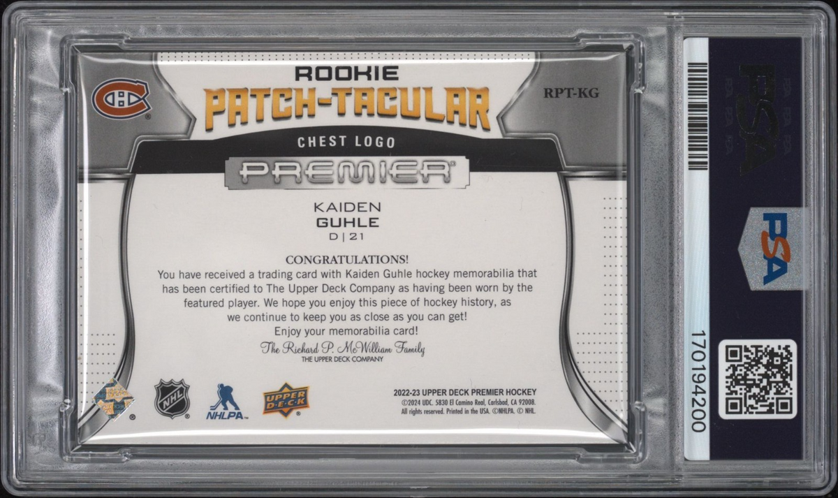 Kaiden Guhle Signed 2022 UD Premier PSA/DNA Rookie Patch-Tacular #RPTKG RPA /25