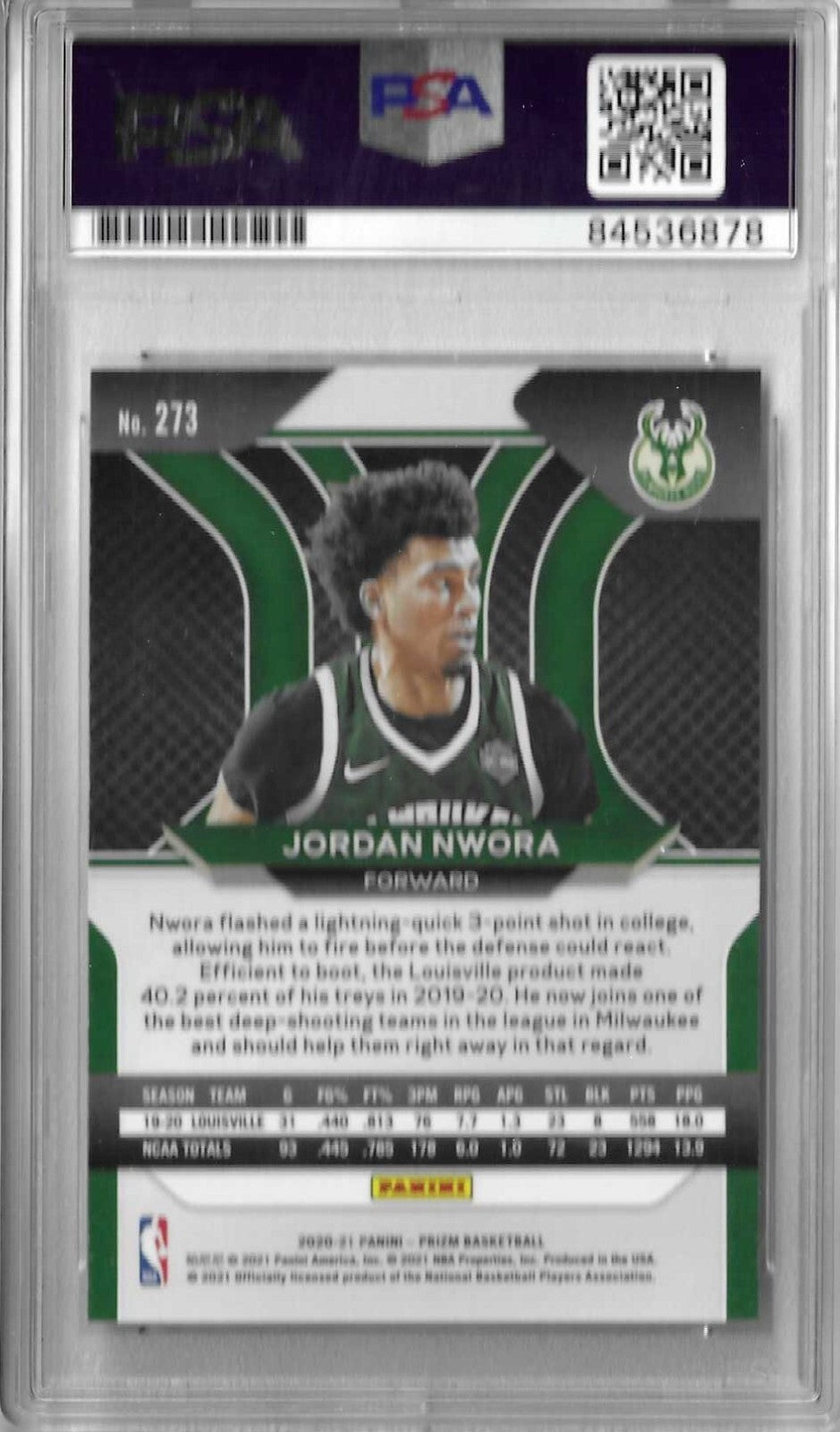 Jordan Nwora Signed Prizm RC PSA/DNA Milwaukee Bucks Autographed #273