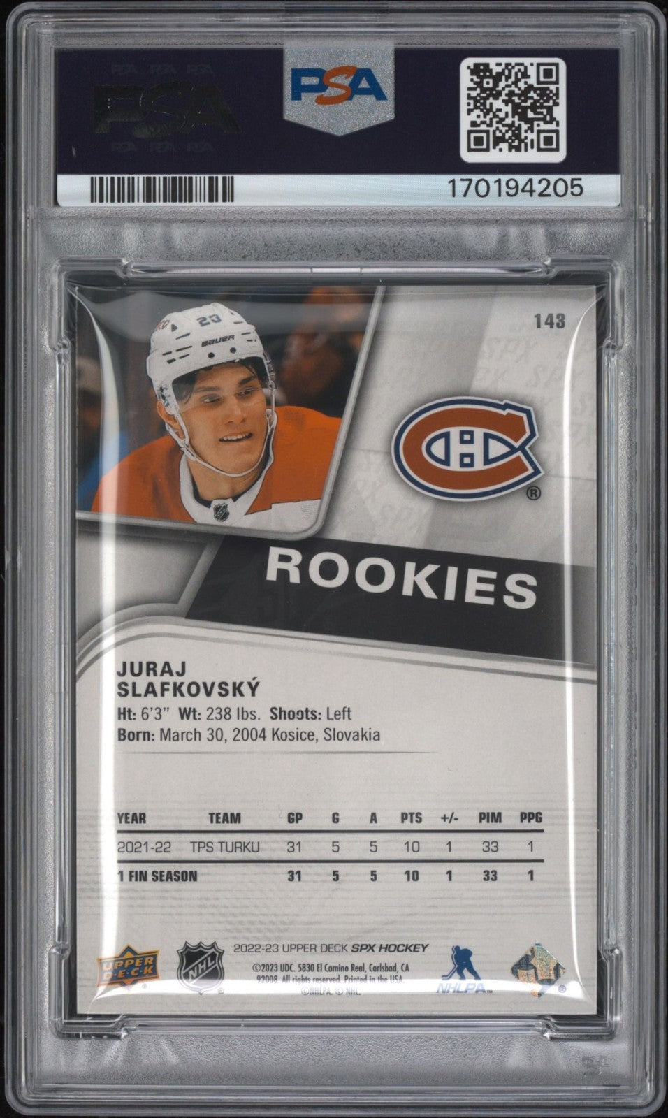 Juraj Slakovsky Signed 2022 UD SPx PSA/DNA Rookie Auto #143 Montreal Canadiens