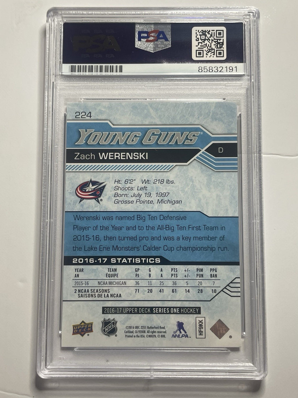 Zach Werenski Signed 2016 UD Young Guns PSA/DNA Rookie RC #224 Autographed