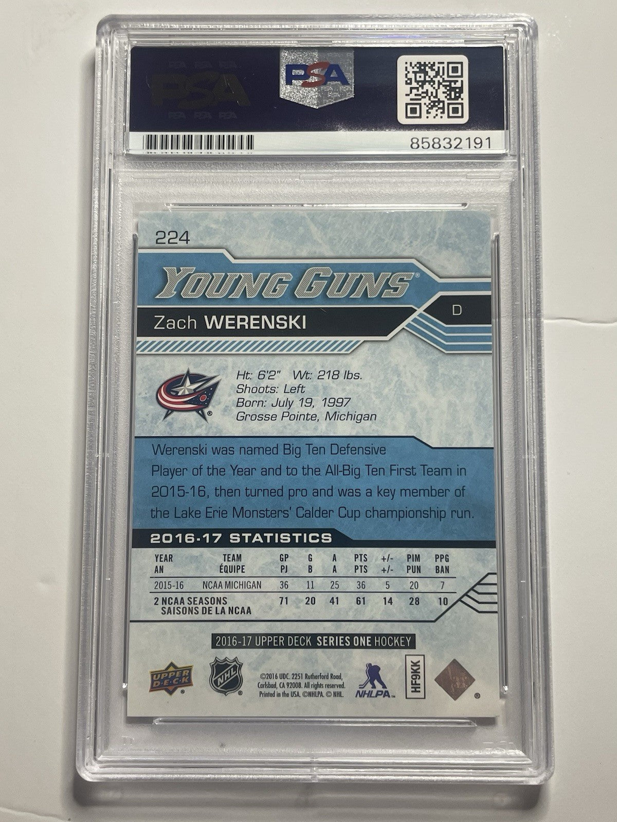 Zach Werenski Signed 2016 UD Young Guns PSA/DNA Rookie RC #224 Autographed
