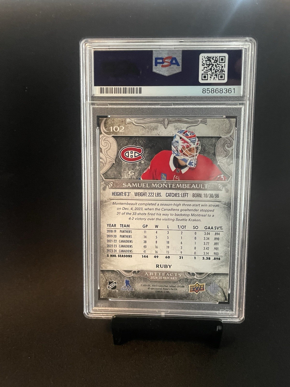 Samuel Montembeault Signed 2024 UD Ruby Artifacts PSA #102 Autographed /399 Card