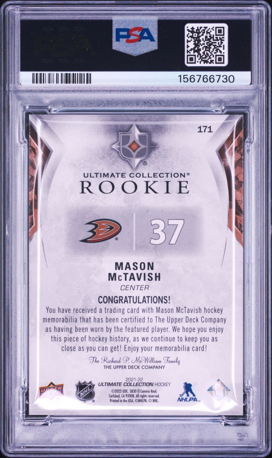 Mason McTavish Signed 2021 UD Ultimate Collection PSA Patch Auto Rookie RC RPA