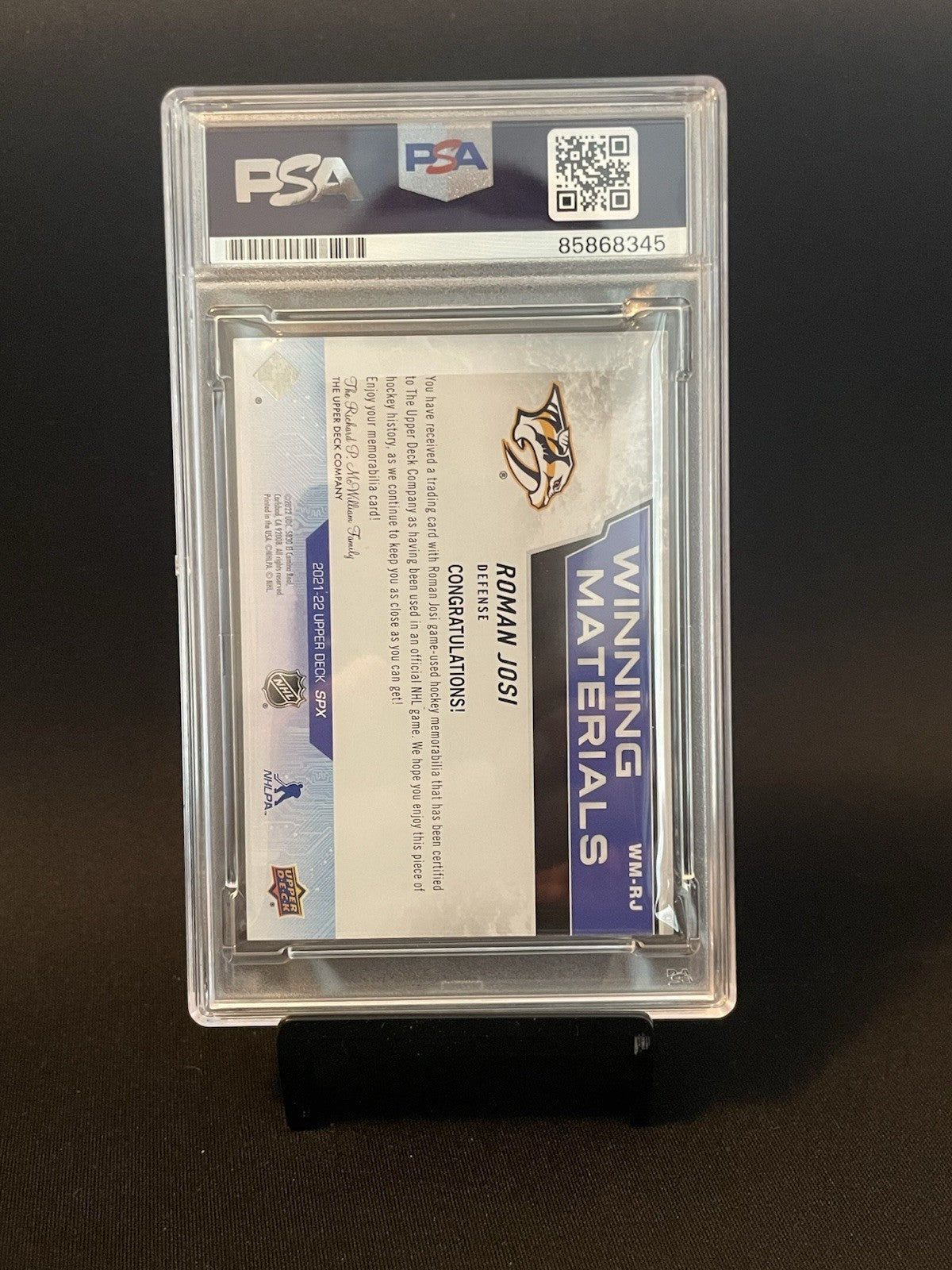 Roman Josi Signed 2021 UD Winning Materials PSA Patch Auto 10 #WM-RJ Autographed