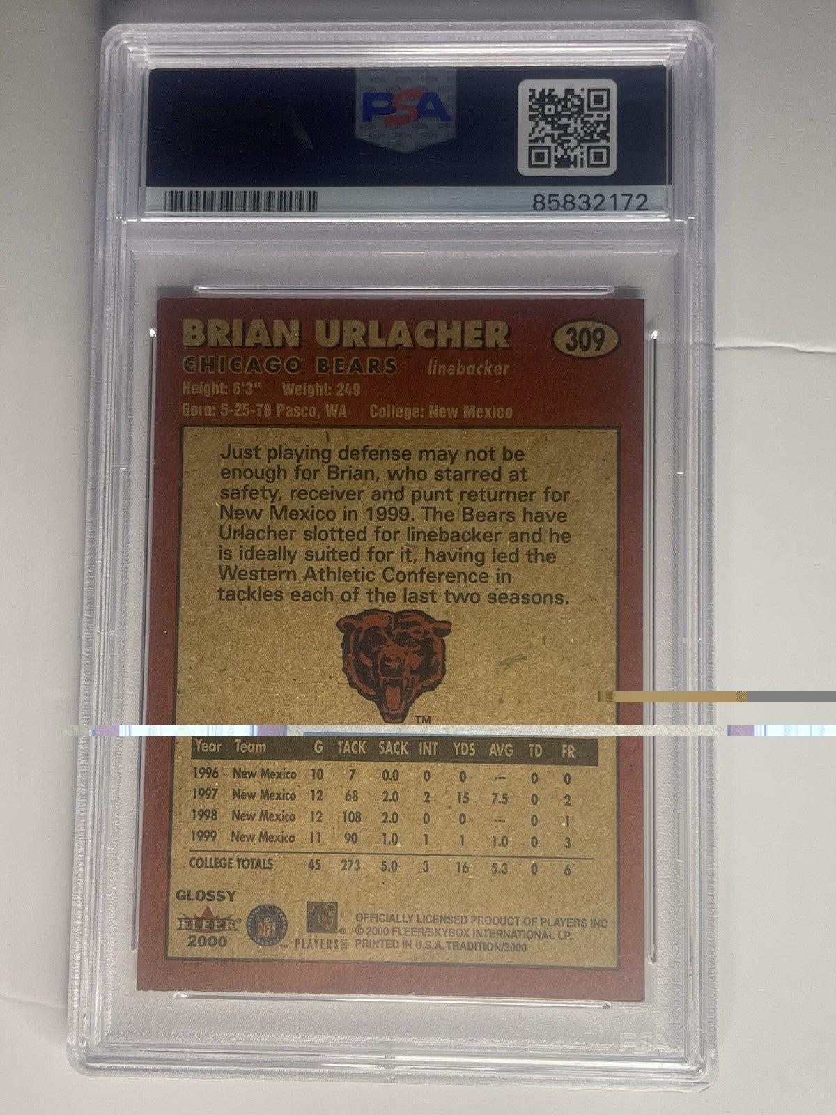 Brian Urlacher Signed 2000 Fleer Tradition Glossy Rookie Card RC PSA/DNA #309