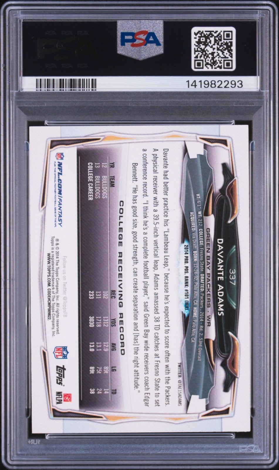 Davante Adams Signed 2014 Topps PSA Auto 10 #337 Rookie