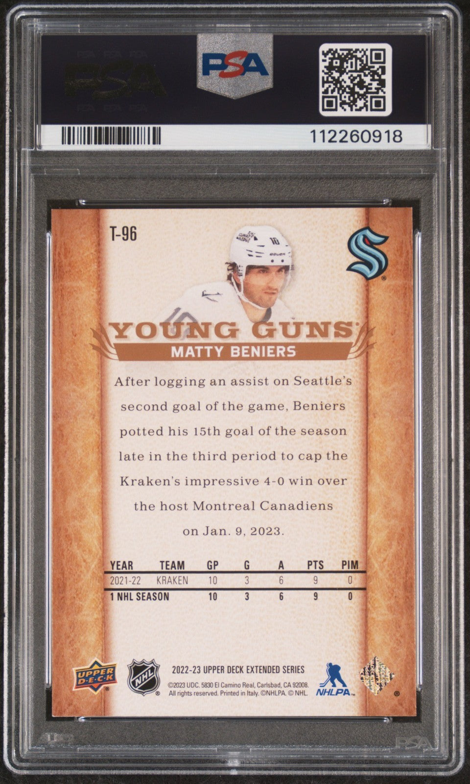 Matty Beniers Signed 2022-23 Young Guns Retro RC PSA/DNA Auto 10 Autographed