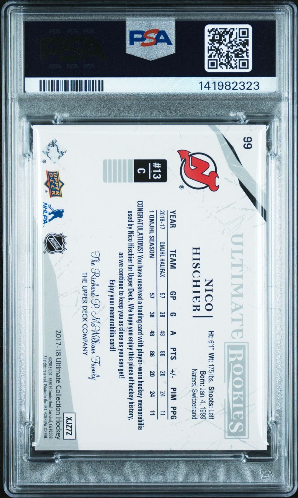 Nico Hischier Signed 2017 Ultimate Collection Jersey PSA/DNA Auto 10 #99 /299