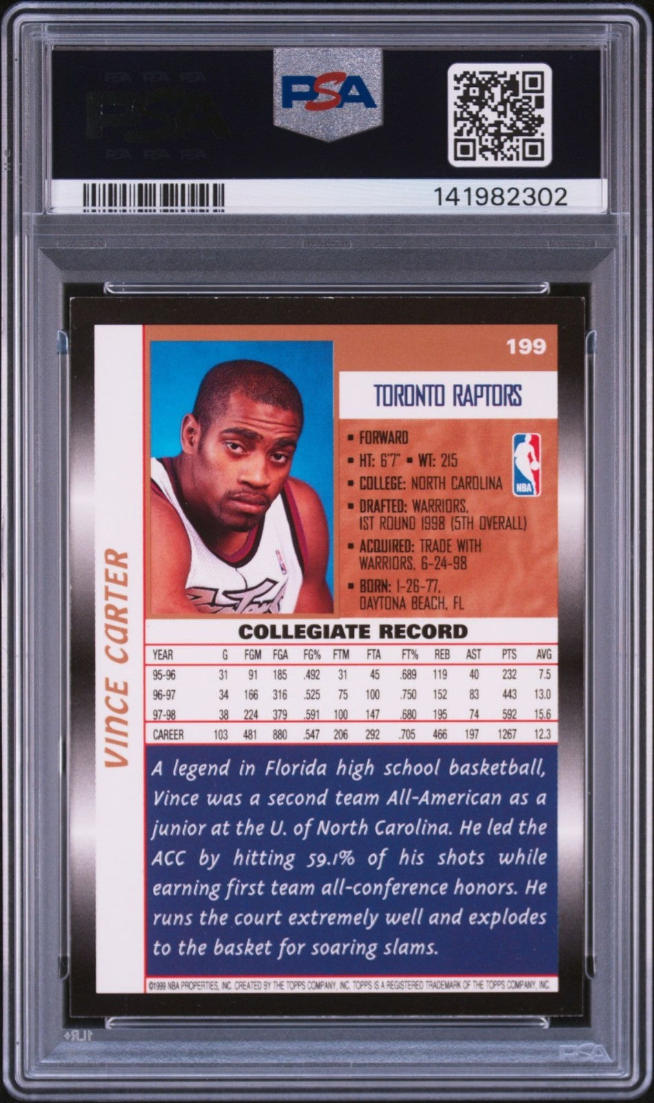 Vince Carter Signed 1998 Topps PSA/DNA Auto 10 #199 Toronto Raptors