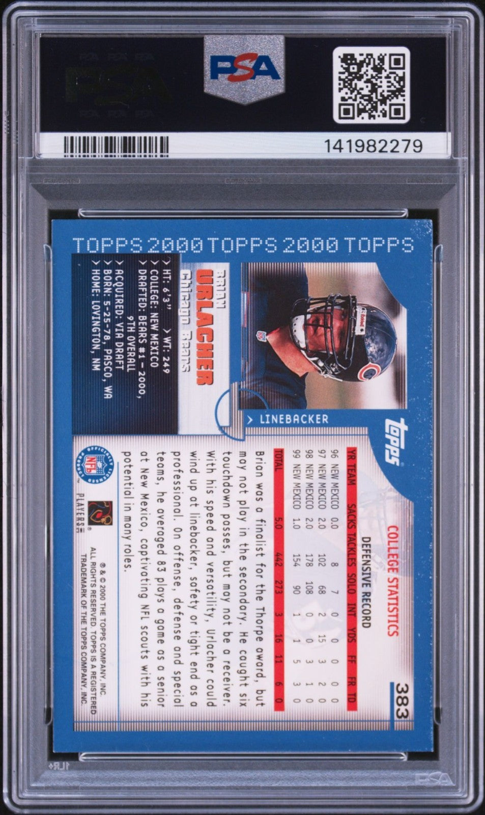 Brian Urlacher Signed 2000 Topps Collection NFL Draft Pick PSA Auto 10 #383