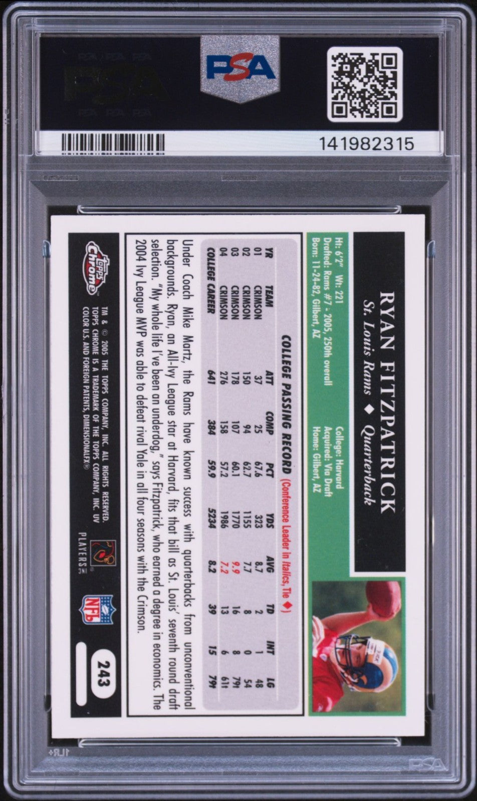Ryan Fitzpatrick Signed 2005 Topps Chrome PSA Auto 10 Rookie RC #243