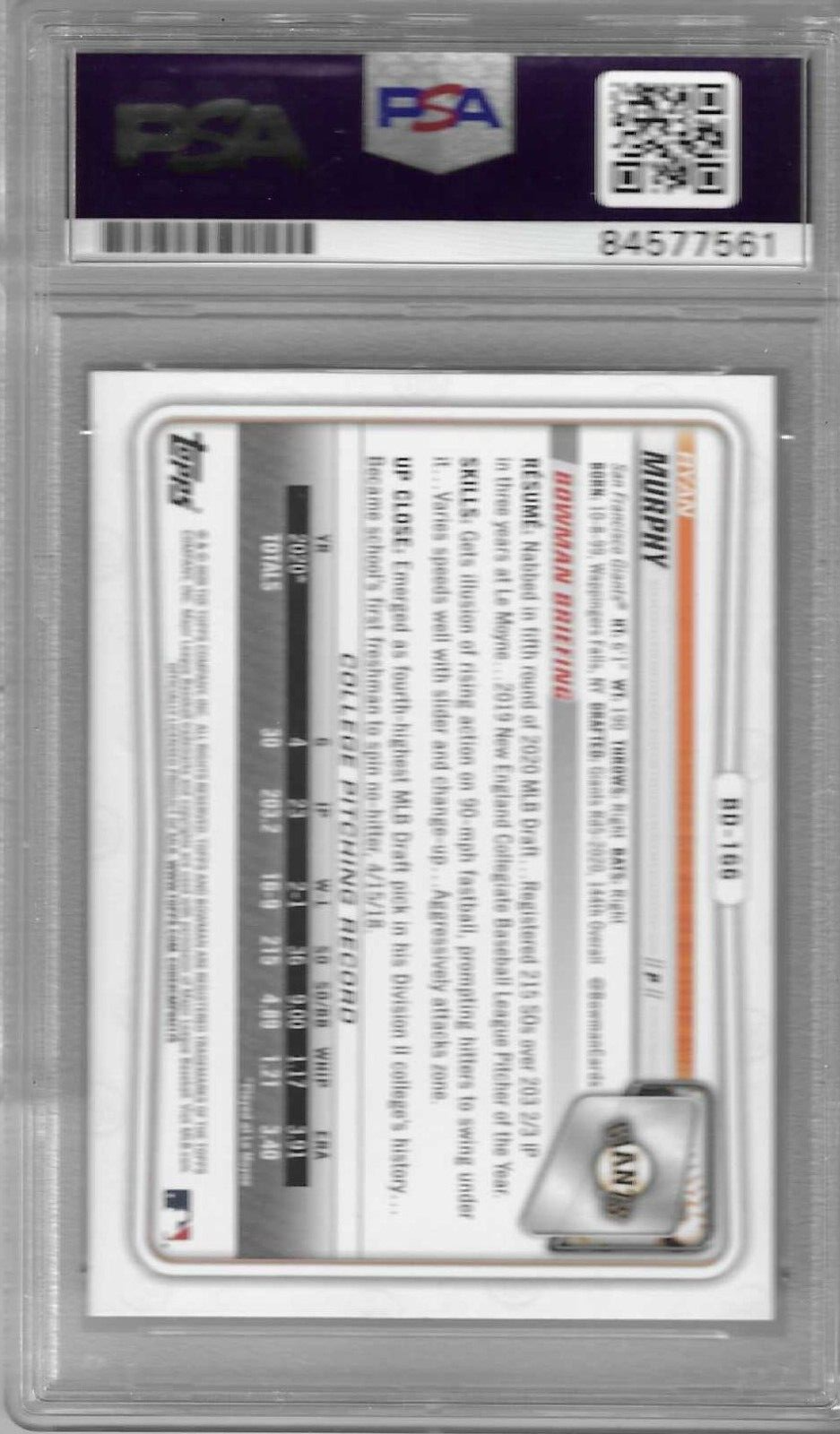 Ryan Murphy Signed 2020 1st Bowman RC PSA/DNA SF Giants Autographed BD-166