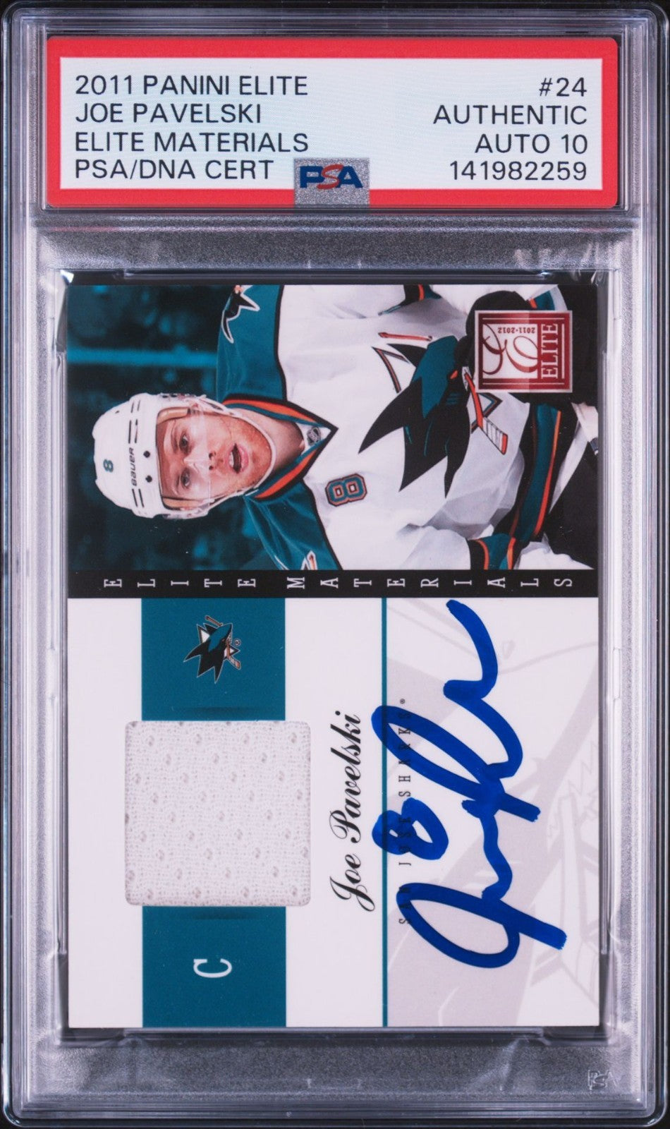 Joe Pavelski Signed 2011 Panini Elite PSA/DNA Auto 10 #24 San Jose Sharks Patch