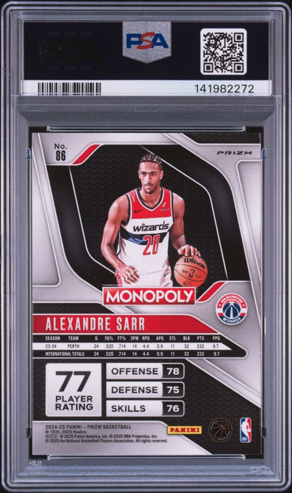Alexandre Sarr Signed 2024 Prizm Monopoly Red PSA/DNA Auto 10 #86