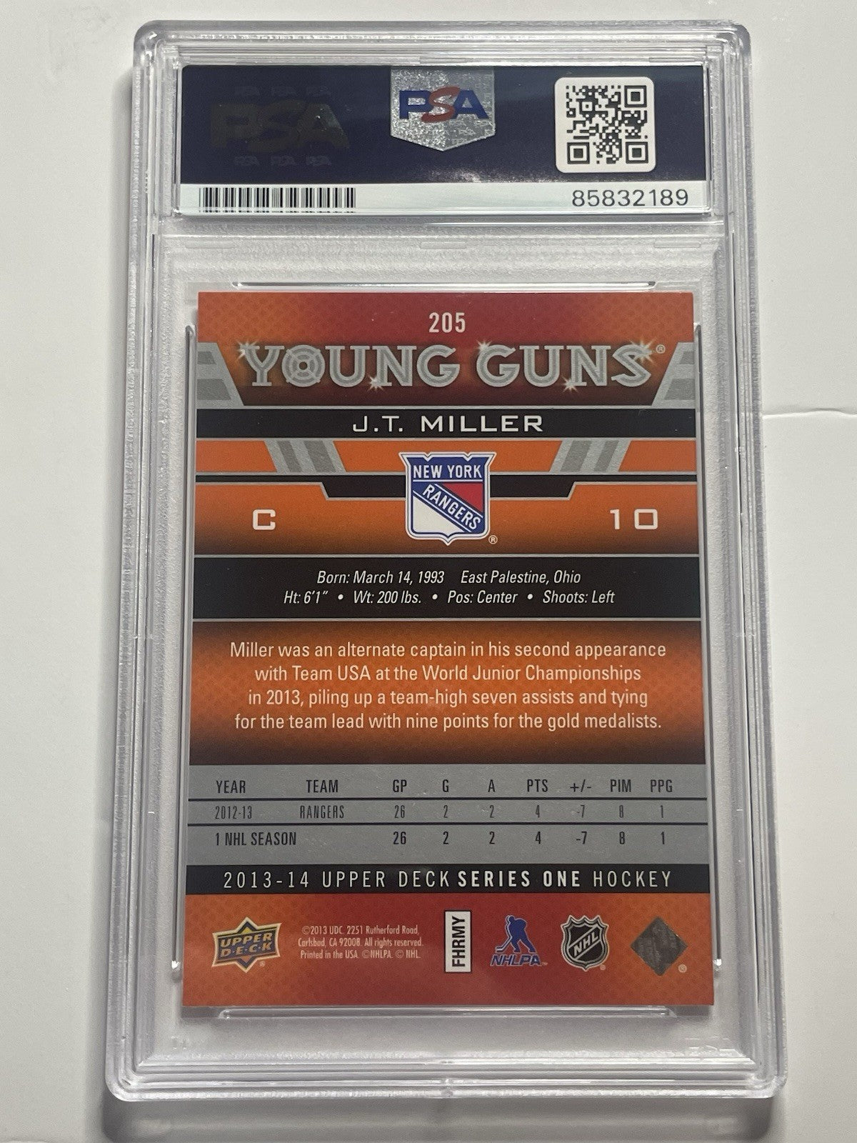 JT Miller Signed 2013 UD Young Guns PSA/DNA Rookie RC #205 Autographed J.T.