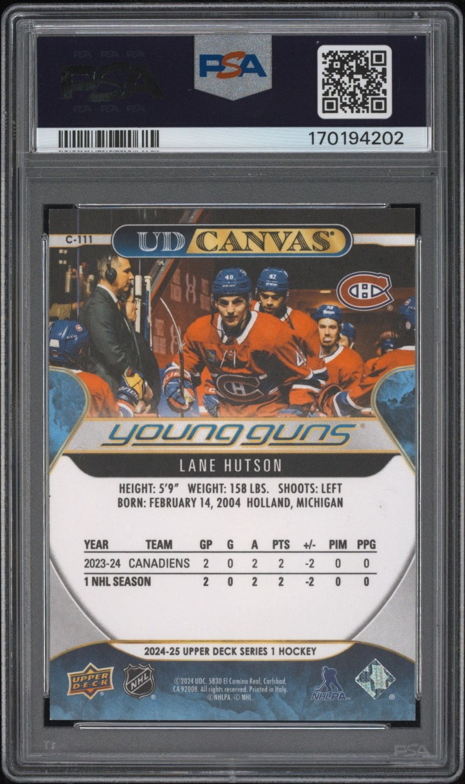 Lane Hutson Signed 2024 UD Canvas Young Guns PSA/DNA Rookie Auto #C111
